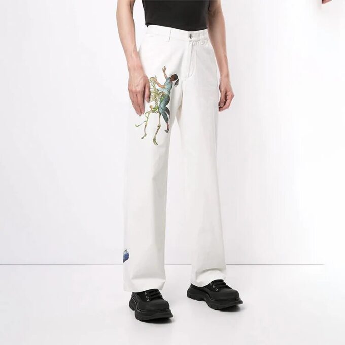 Printing Straight Long Pants Loose Fit White