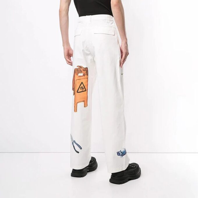 Printing Straight Long Pants Loose Fit White