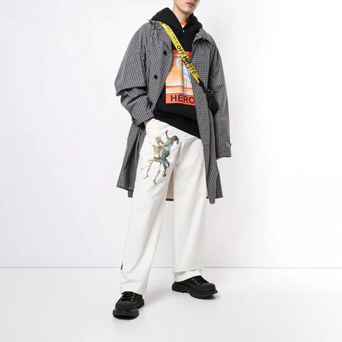 Printing Straight Long Pants Loose Fit White