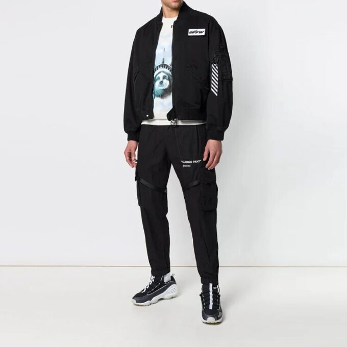 ribbed aviator Logo Jacket Loose Fit Black