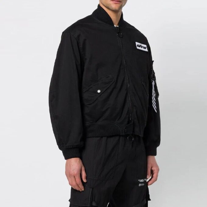 ribbed aviator Logo Jacket Loose Fit Black