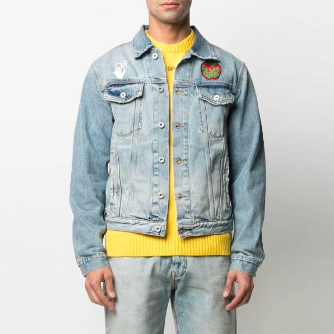 SS21 Apple Logo Pattern Denim Jacket Loose Fit Blue
