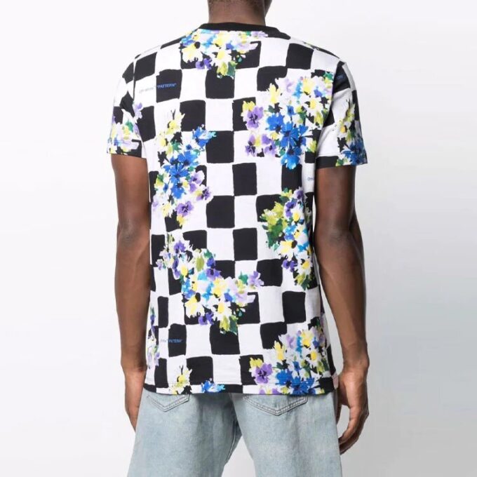 SS21 Cotton Flowers Plaid Short Sleeve Black White T-Shirt