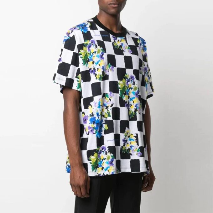 SS21 Flowers Printing Plaid Short Sleeve Loose Fit White