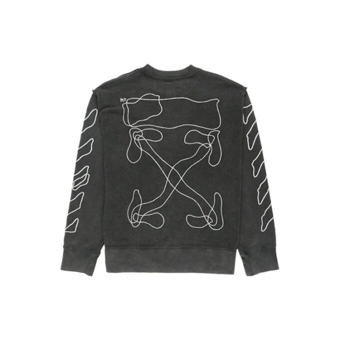 Stripe Logo Embroidered Loose Round Neck Black