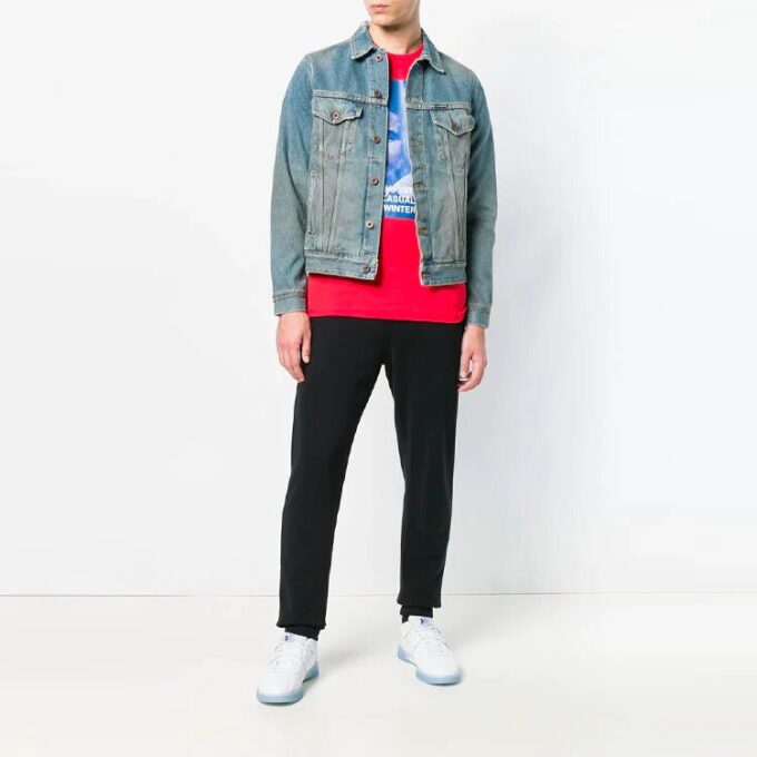 Vintage Printed Gradient Arrow Distress Denim Jacket Blue