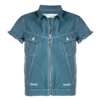 Zipper Denim Short Sleeve Shirt Loose Fit Blue Zipper Denim Short Sleeve Shirt Loose Fit Blue