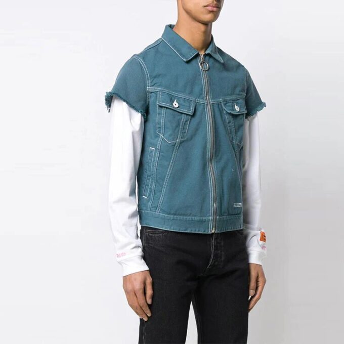 Zipper Denim Short Sleeve Shirt Loose Fit Blue